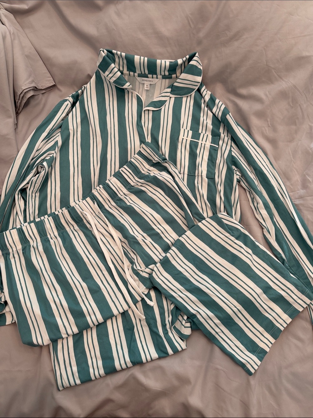 Honeydew Intimates Teal and White Striped Button-Down Shirt